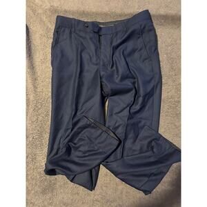 Mens Navy Dress Pants Flat Front Tailored Slacks Button Back Pockets Work Office